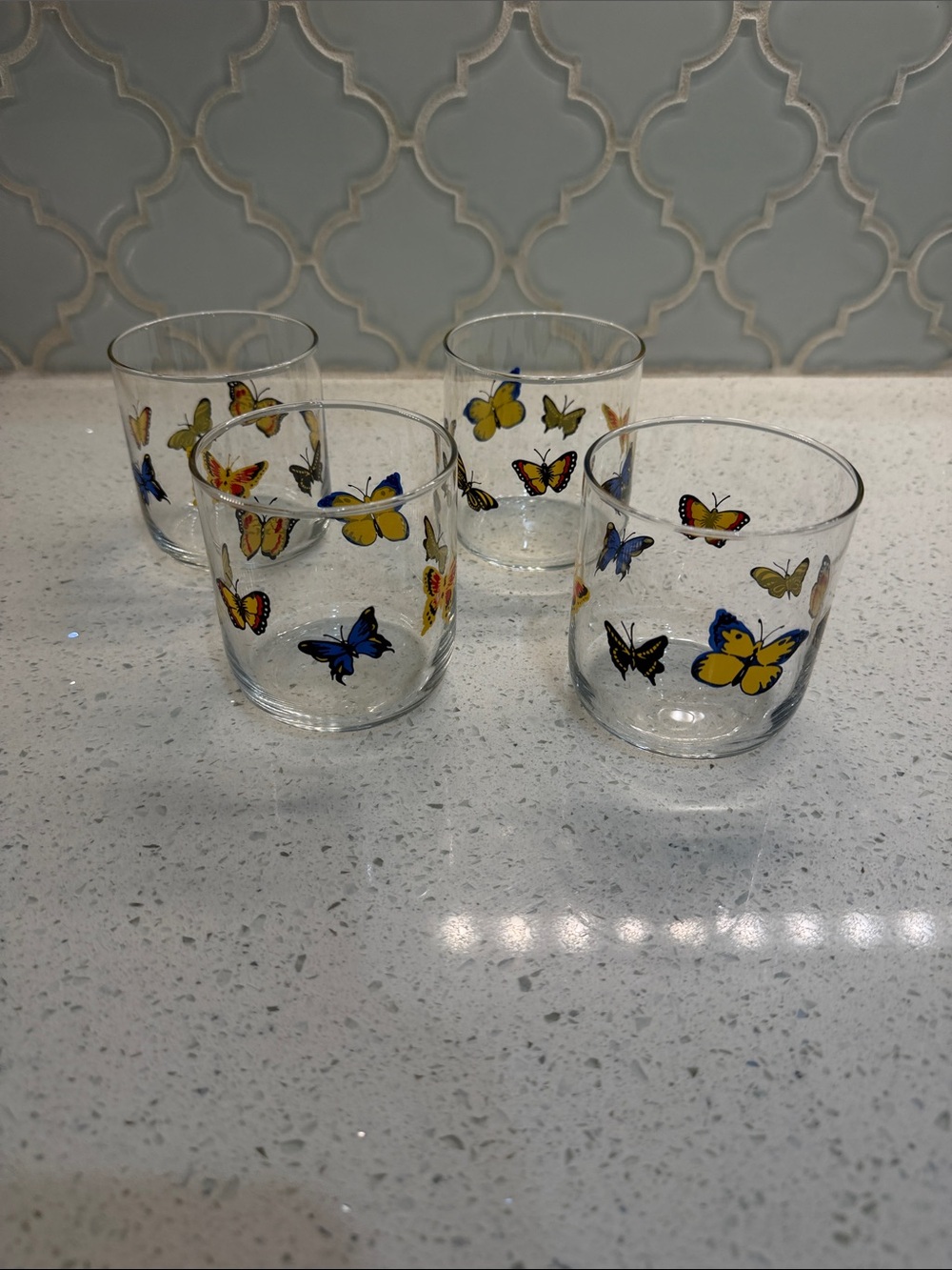Libbey Clear Glass Tumblers with Yellow & Blue Butterfly Motifs - Set of 4